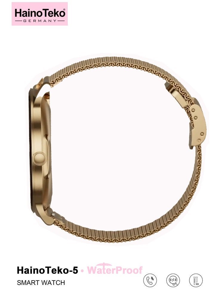 هينو تيكو HainoTeko-5 Super Slim Smart Watch Round Shape AMOLED Display With Waterproof AI Voice Assistance and 3 Pair Straps For Ladies Gold - Image 3